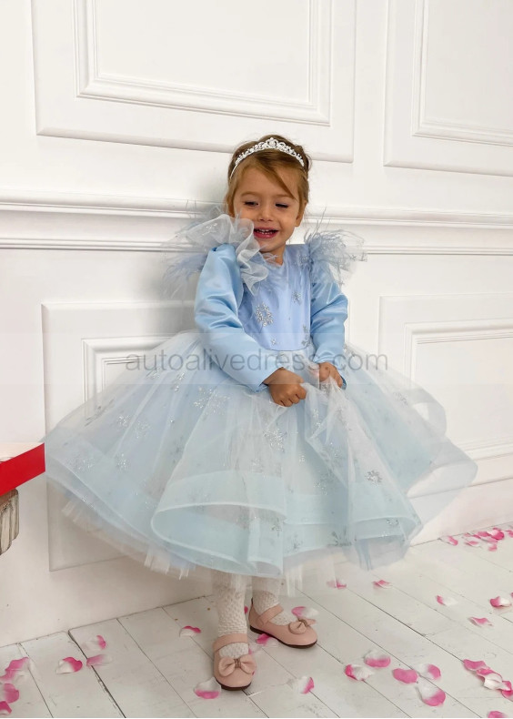 Sky Blue Satin Snowflake Keyhole Back Flower Girl Dress